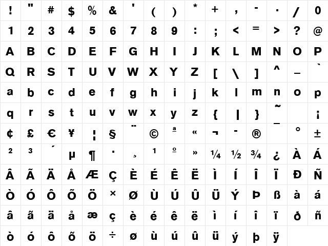 Ancona Bold  glyph index