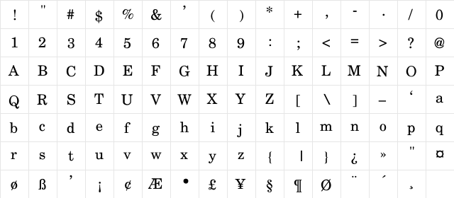 Millennia-Light Regular Light  glyph index