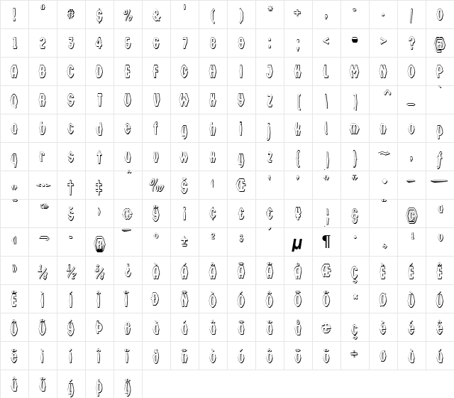 a_Technocrat3DFnt Regular  glyph index