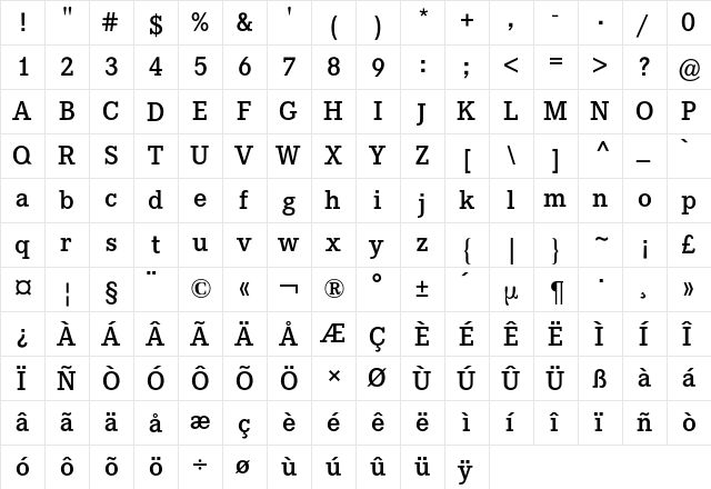 Corporate E BQ Regular  glyph index