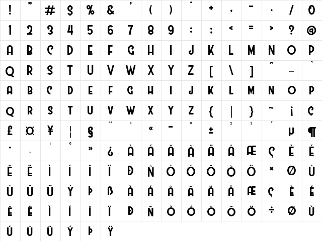 Westmeath Regular  glyph index