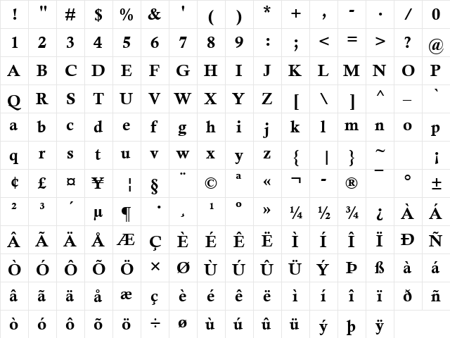 Calisto MT Bold  glyph index