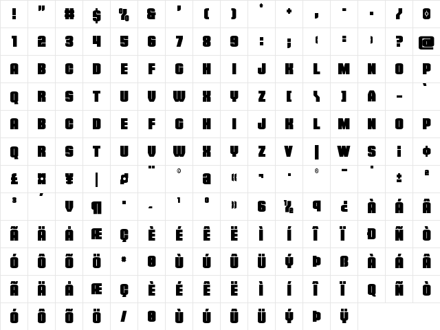 Elephant Gun Condensed Regular  glyph index