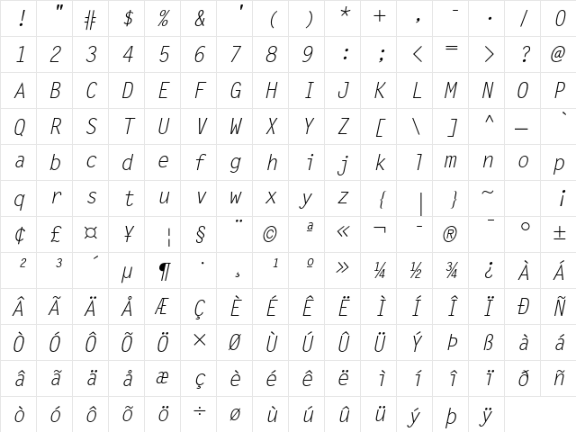 Letter Gothic Std Slanted  glyph index