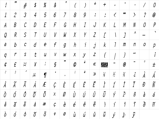 LetterGothicCond Bold Italic  glyph index
