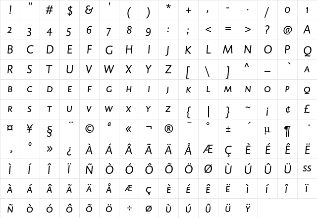 DTL Caspari T Caps Italic  glyph index