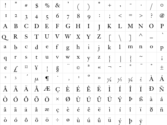 FCaslon Thirty ITC Std Regular  glyph index