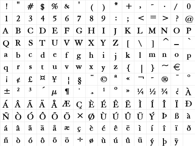 ElephantWide Bold  glyph index