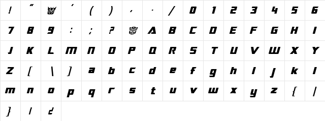 TransRobotics Italic  glyph index