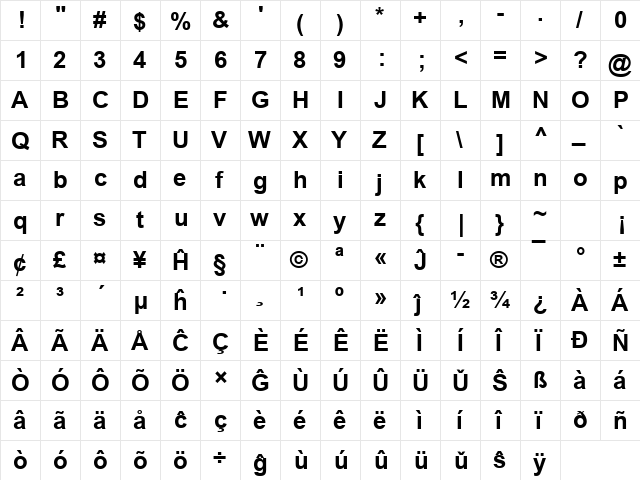 Arial Eo Bold  glyph index