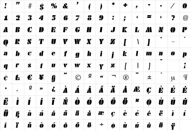 DekoBlackSerial Italic  glyph index