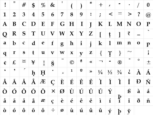 VANIEL Bold  glyph index