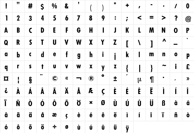Futura Condensed BQ Regular  glyph index