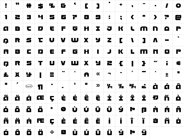 Laser Corps Regular  glyph index