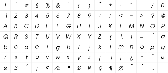 Noveau Riche Thin-Italic Regular  glyph index