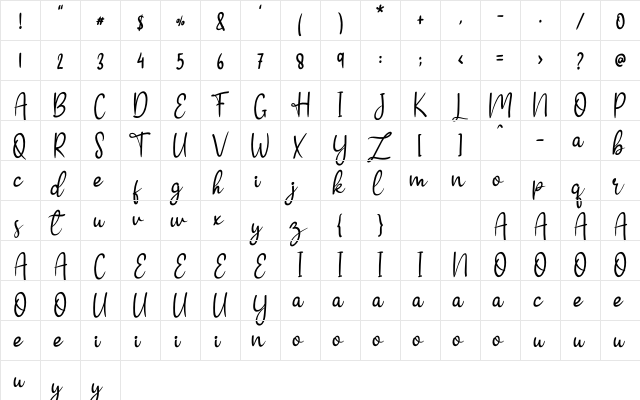 Ayuku Love Regular  glyph index