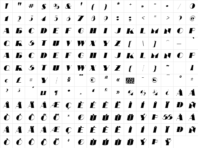 Nathan Italic  glyph index