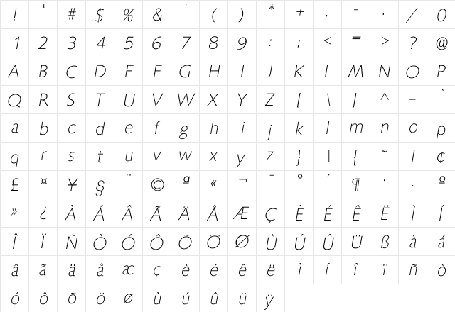 Isaxony Xlight  glyph index
