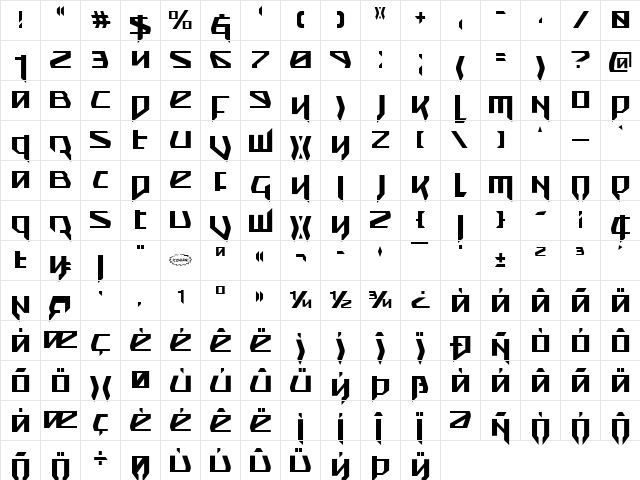 Snubfighter Condensed Condensed  glyph index