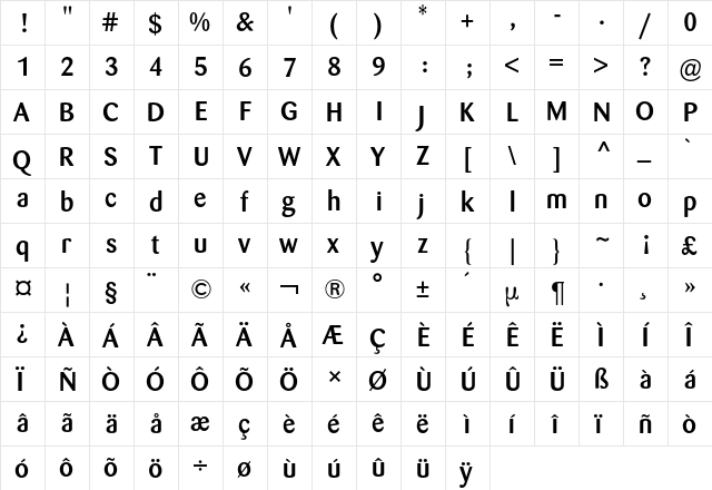 Barmeno BQ Regular  glyph index