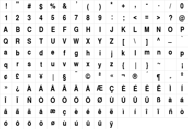 Switzerland Narrow Bold  glyph index