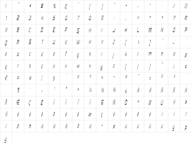 Aunchanted Condense Oblique Regular  glyph index