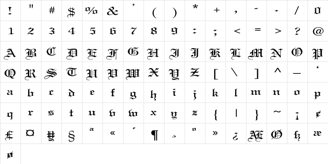Old English Wd Regular  glyph index