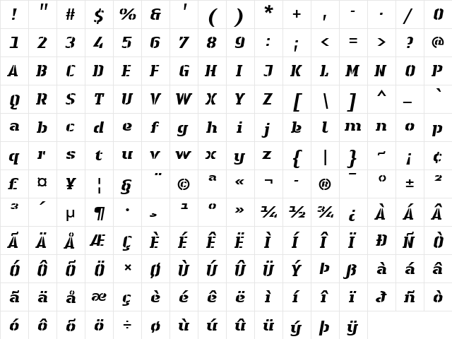 LTAuthenticStencil Heavy Italic  glyph index