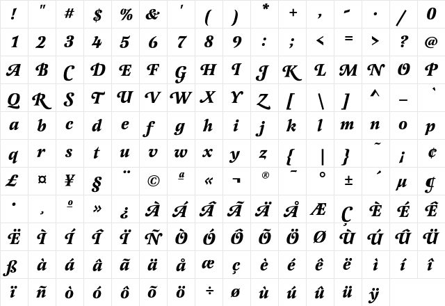 LatienneEF BoldItalicSwC  glyph index