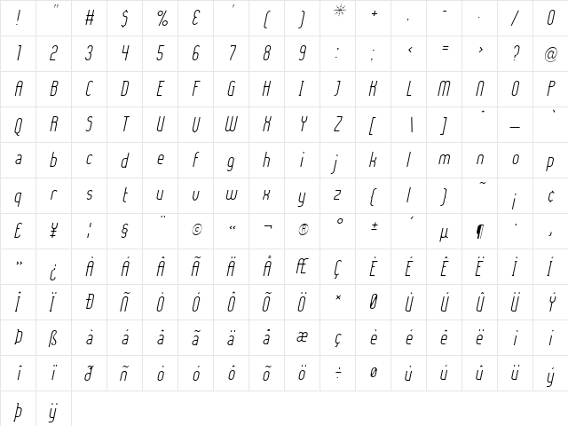 Lady Ice - Light Italic  glyph index