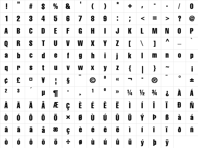 Helvetica LT Std Compressed  glyph index