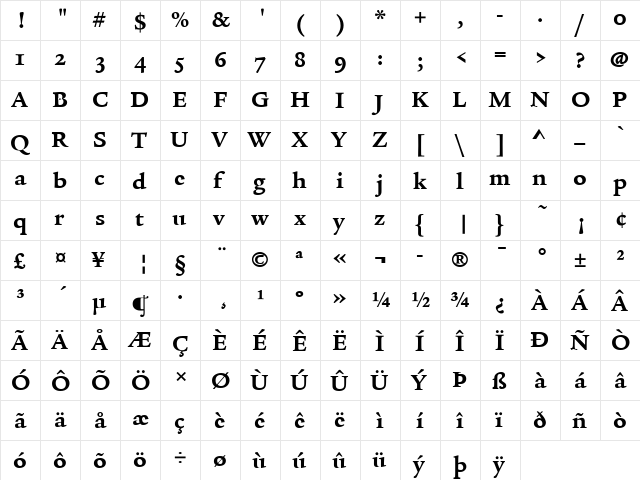 Legacy Serif ITC Bold  glyph index