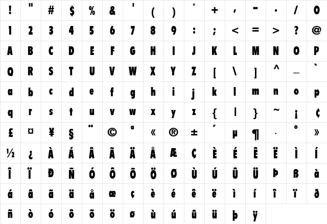 Zinco-ExtraBlackCondensed Regular  glyph index