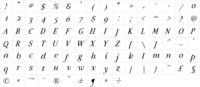 Artemius SN TT Regular Italic  glyph index