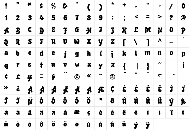 Advert Regular  glyph index