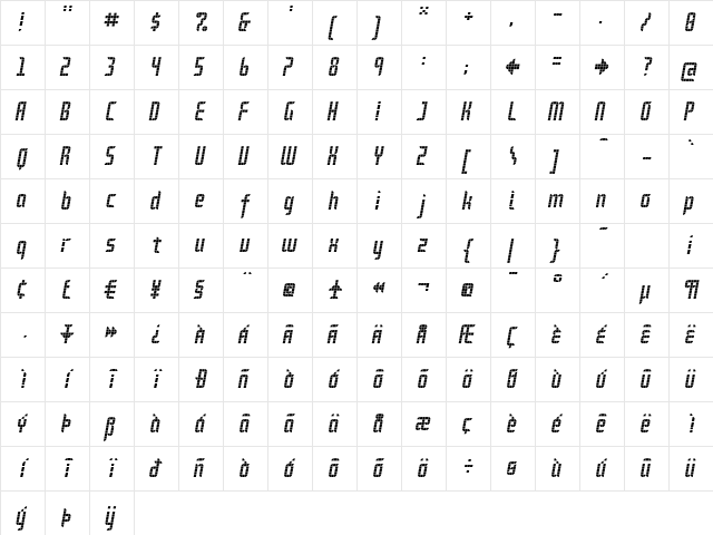 Delay GridItalic  glyph index