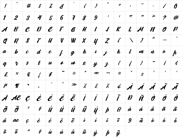 Camping Regular  glyph index