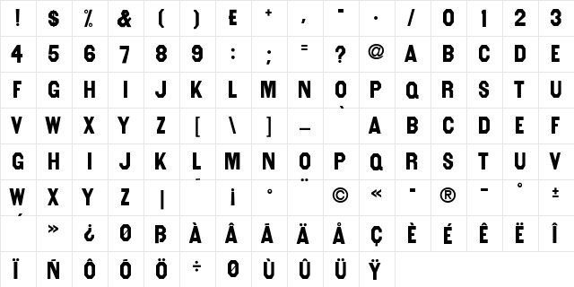 VintageGothic-Regular Regular  glyph index