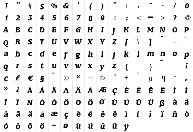 M650-Roman BoldItalic  glyph index