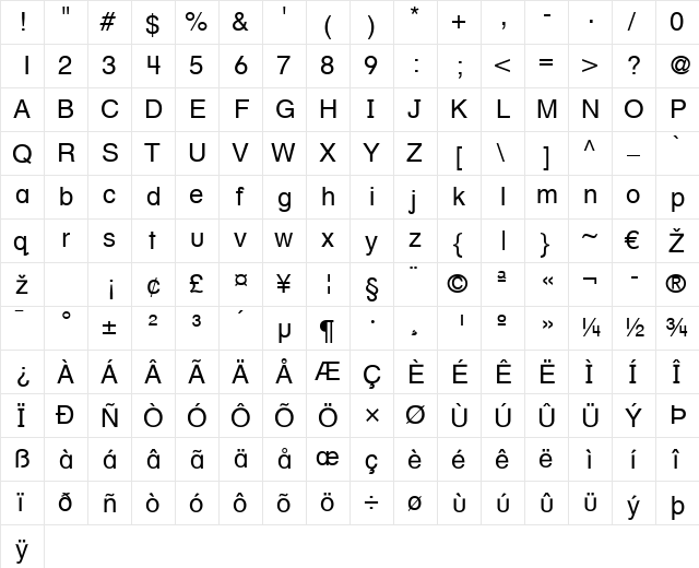 HelveticaTextbook LT Roman Regular  glyph index