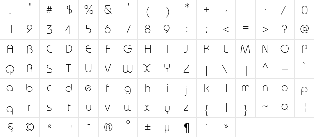 BauhausC Light Regular  glyph index
