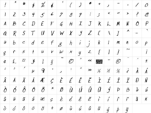 BrooksHand Italic  glyph index