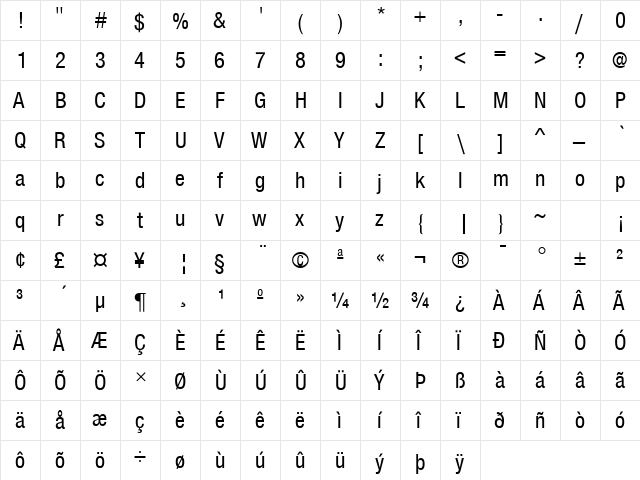 Sans Condensed Regular  glyph index