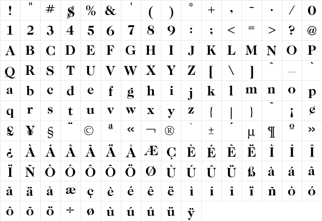 Caslon Bold  glyph index