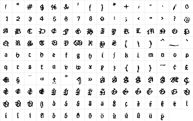 StrangeBlackLetter Regular  glyph index