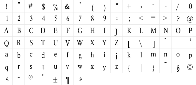 MyslNarrowC Regular  glyph index