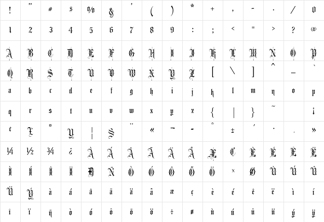 Showcard Regular  glyph index