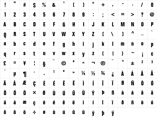 Folio Bold Condensed  glyph index