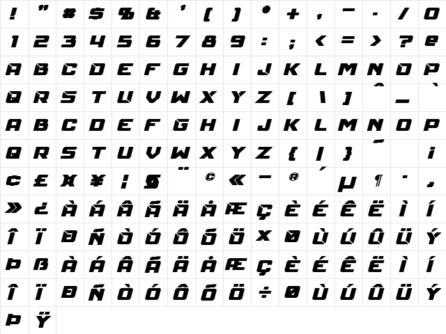 Mechfire Bold Italic  glyph index