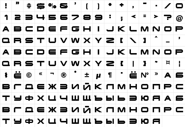 Terminator Cyr Semi-expanded Bold  glyph index